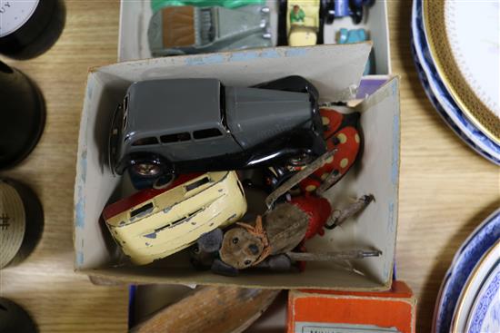 Various pre-war Dinky cars, tinplate toys, two mickey mouse felt toys, boxed street gas lamp etc